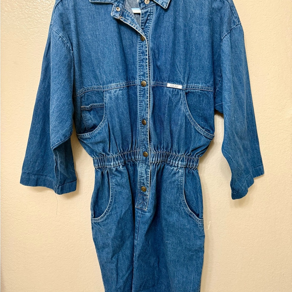 Vintage Ideas Denim Jumpsuit Dress w/ Elastic Waist & Button Closure Y2k, 90s,